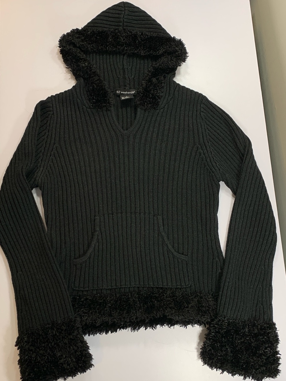 52 Weekends Fur Trim Hoodie Pullover Sweater Ribbed Knit Bell Sleeve Penny Lane